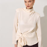 Bluza Crem Din Satin Cu Guler Inalt Si Cordon In Talie