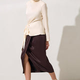 Bluza Crem Din Satin Cu Guler Inalt Si Cordon In Talie