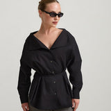 Camasa Neagra Cu Siret In Talie Si Guler Adanc