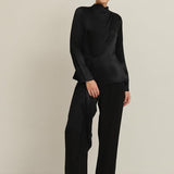 Bluza Neagra Din Satin Cu Guler Inalt Si Cordon In Talie