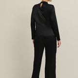 Bluza Neagra Din Satin Cu Guler Inalt Si Cordon In Talie