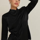 Bluza Neagra Din Satin Cu Guler Inalt Si Cordon In Talie