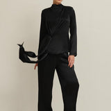 Bluza Neagra Din Satin Cu Guler Inalt Si Cordon In Talie