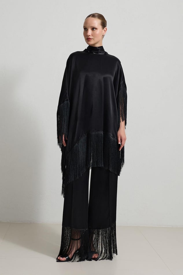 Set Negru Satin Cu Franjuri