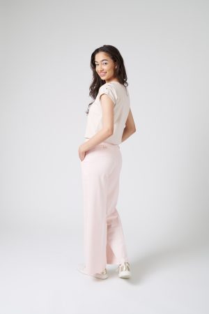 Pantaloni la dunga evazati roz-2