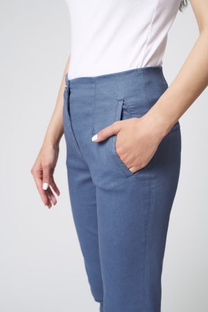 Pantaloni office casual cu pense albastri-4