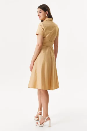 Rochie tip camasa din poplin de bumbac caramel-3