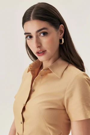 Rochie tip camasa din poplin de bumbac caramel-4