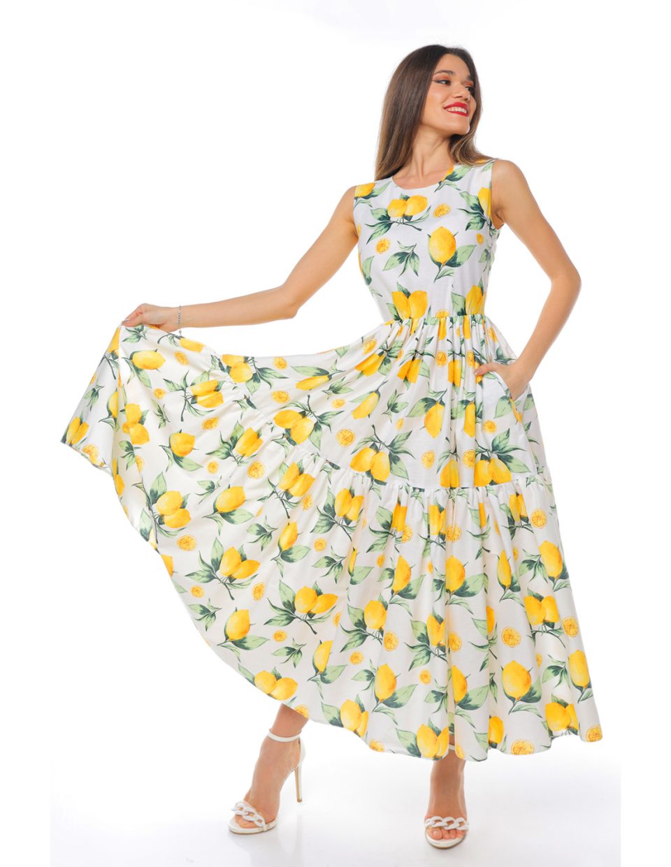 Rochie maxi cu volane din bumbac cu imprimeu lime