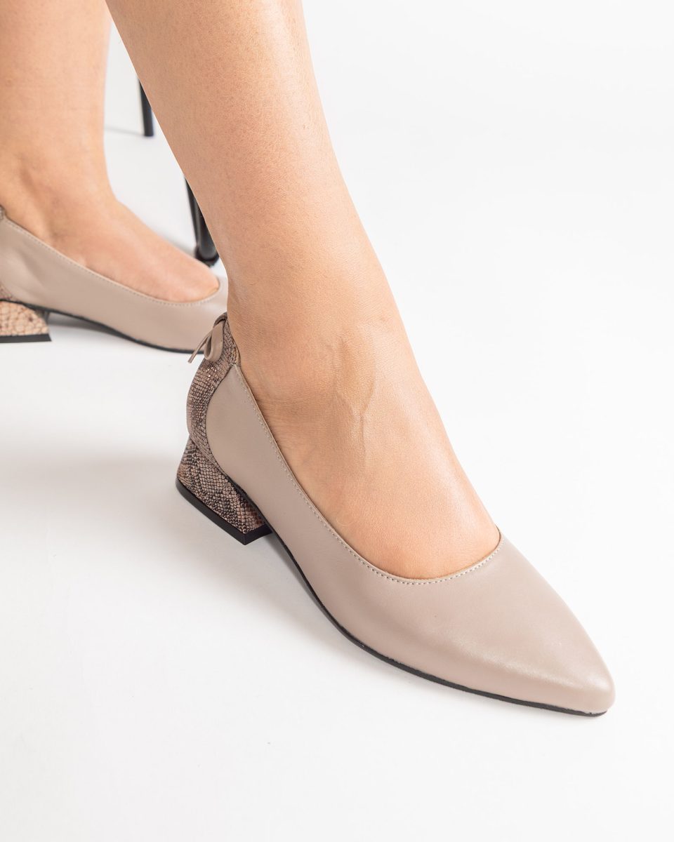 Pantofi cu Toc Jos PAOLA Piele Taupe cu Imprimeu