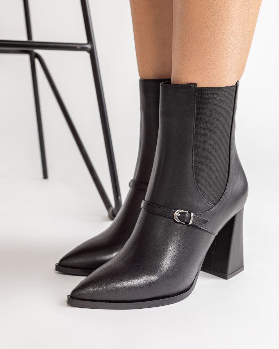 Ghete Elegante Piele Neagra cu Toc Gros si Varf Ascutit ECLIPSE