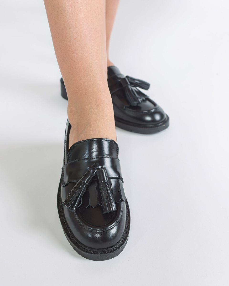 Pantofi Mocasini Tassel Piele Metalizata Neagra